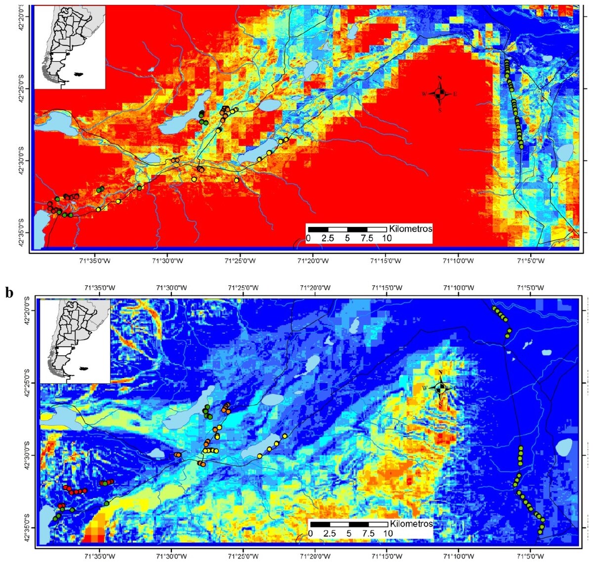 Environmental variables mapped over northwestern Chubut with the rodent sampling sites overlaid.
