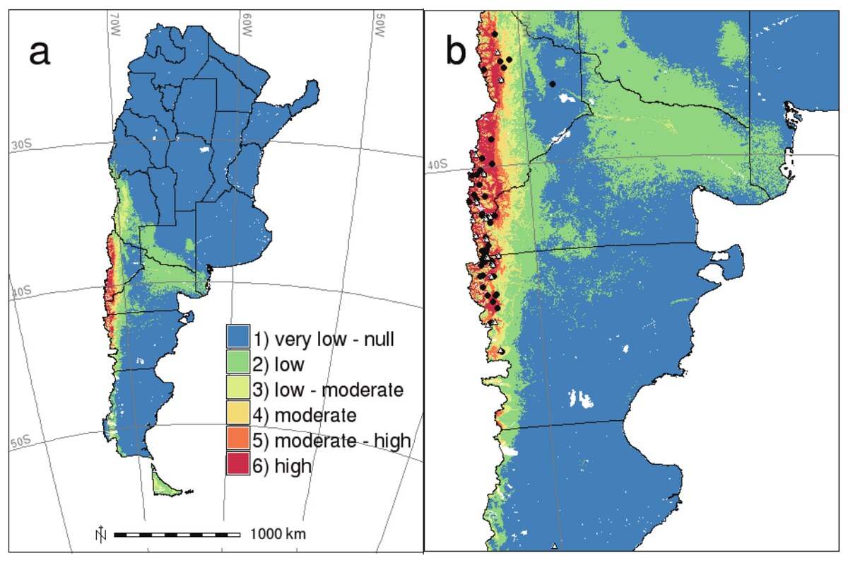(a) Risk map for hantavirus pulmonary syndrome and (b) potential distribution of its rodent host in Argentina.