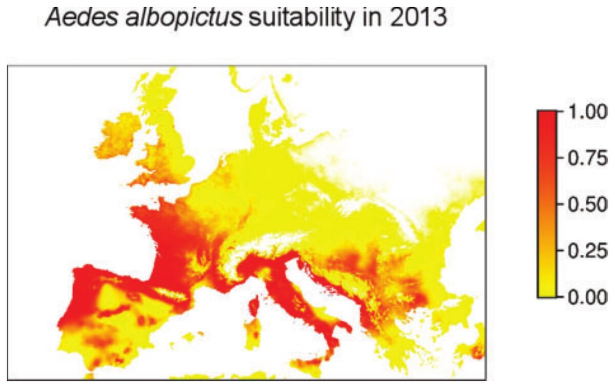 Predicted suitability for *Aedes albopictus* in Europe in 2013, derived from remotely sensed land surface temperature.