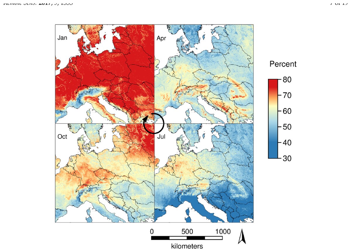 Percentage of valid MODIS LST observations over Europe in January, April, July and October.