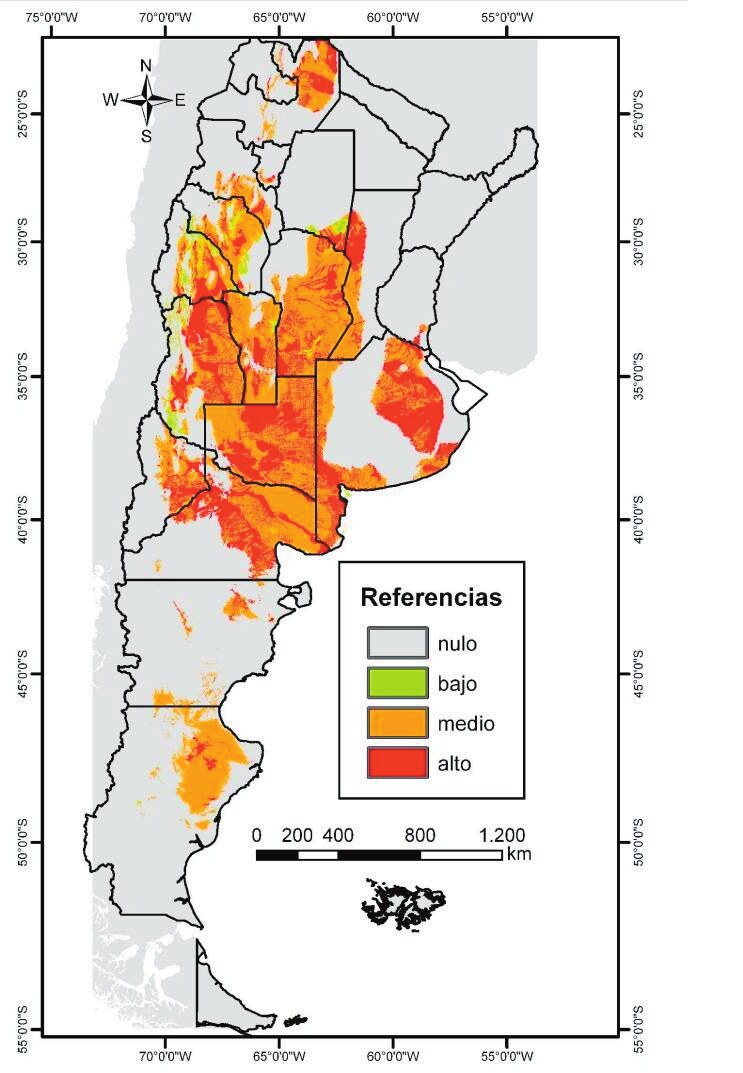 Mapa de riesgo de invasión de tamariscos en Argentina.