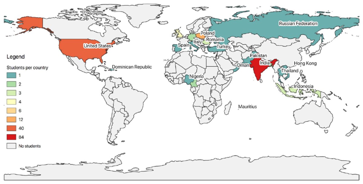 Number of students per country that participated in OSGeo tasks during the Google Code-in competition.