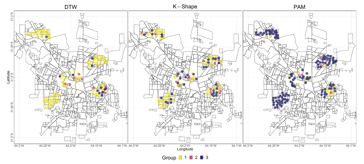 Spatial distribution of the three *Aedes aegypti* ovitrap time series clusters obtained with the DTW, K-Shape and PAM algorithms in Córdoba.