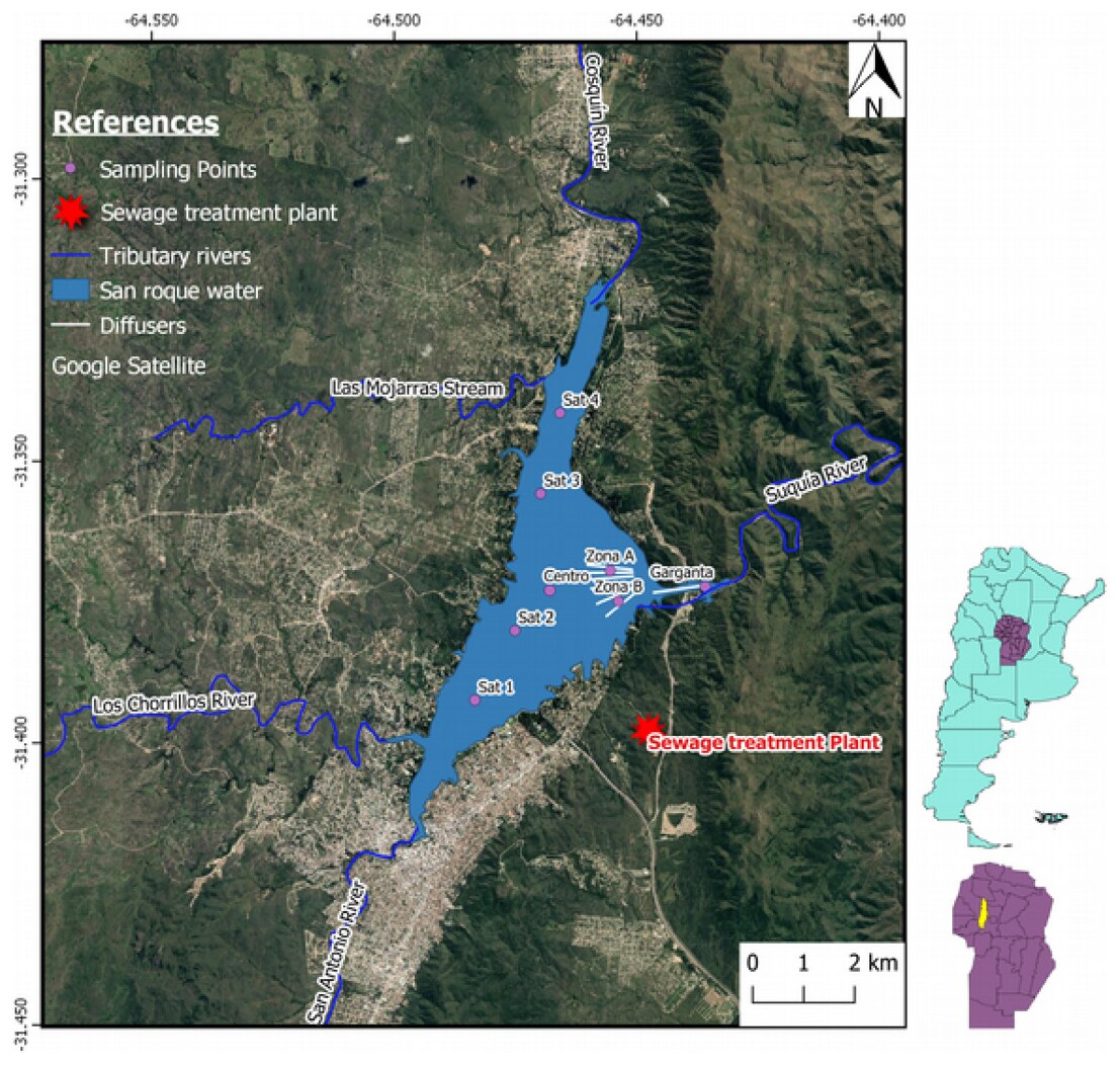 San Roque reservoir with the sampling points, tributary rivers and the sewage treatment plant.