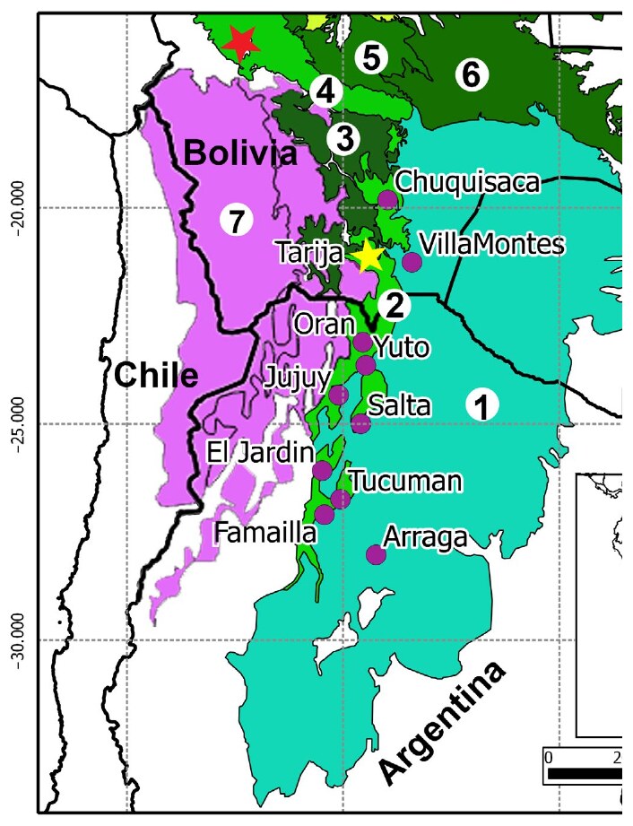 Collecting sites of *Calomys fecundus* and the ecoregions considered in the study.