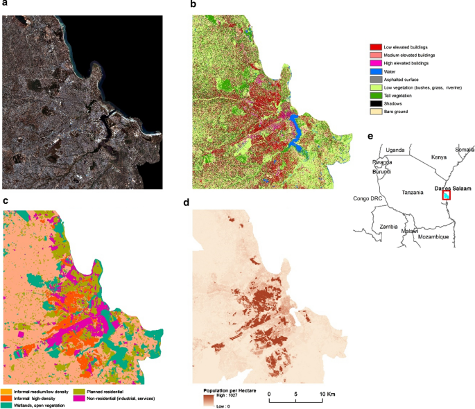 Predicted PfPR2_10 in 2 locations in Dar es Salaam. a Intensified urban agriculture across the Mbezi river, c distinction of estimates across the dense slums and planned neighborhoods. The second column (b and d), display the corresponding true color composite of the Pleiades satellite imagery. In b land-use classes of wetlands and agricultural are overlaid with shaded green. In d land-use blocks classified as informal settlements are overlaid with shaded red