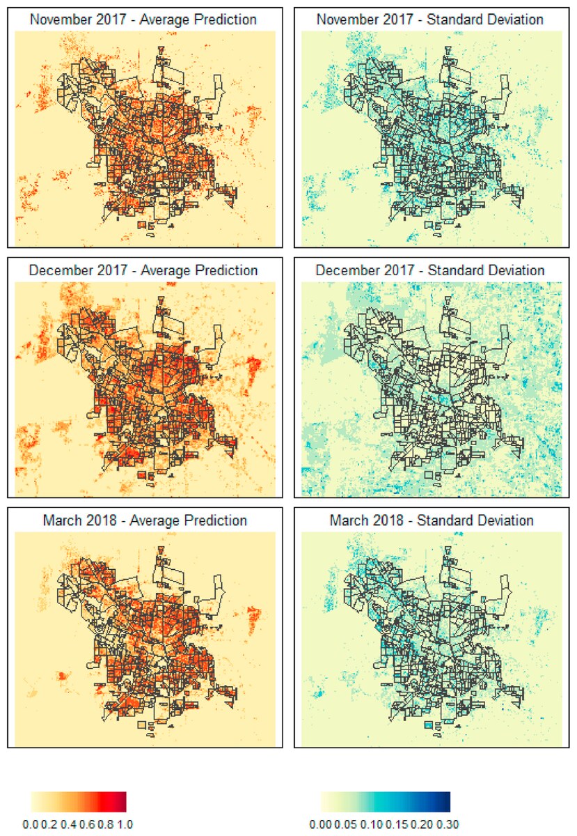 Average predicted *Aedes aegypti* suitability and its standard deviation for Córdoba city.