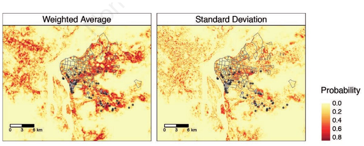 Weighted average predicted suitability for the occurrence of cutaneous leishmaniasis and its standard deviation.
