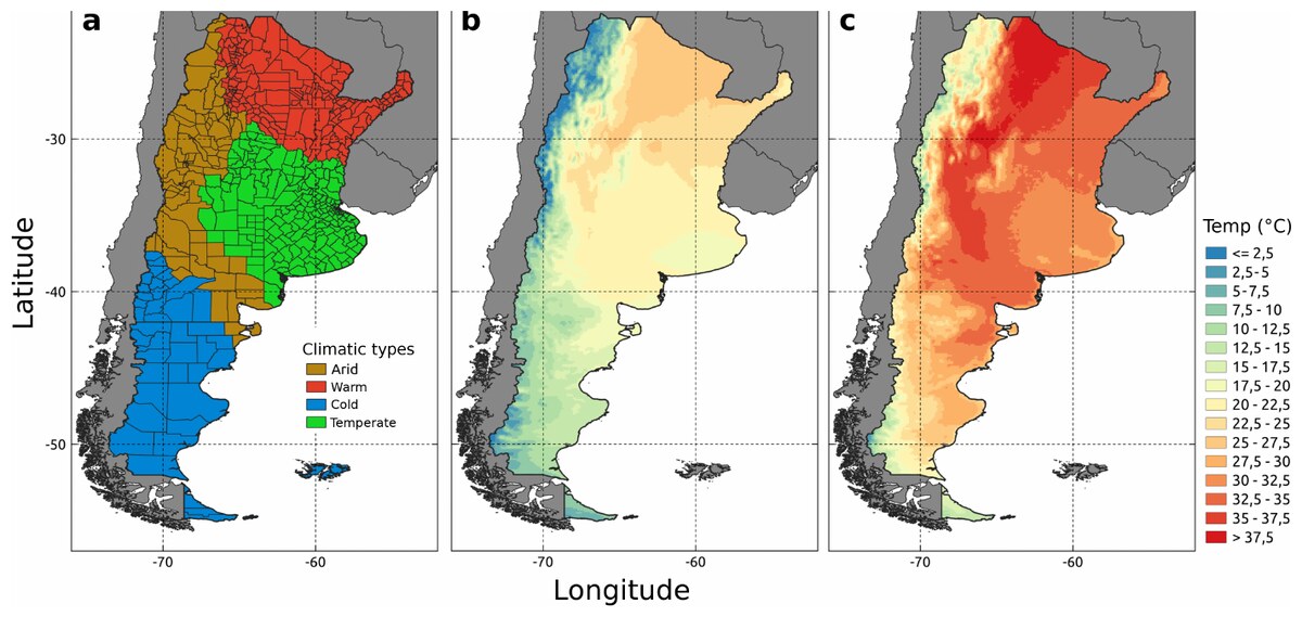 Climatic types and mean temperature over Argentina derived from the ERA5-Land reanalysis product.