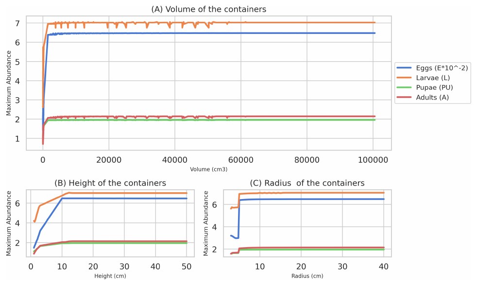 Maximum abundance of each mosquito life stage as a function of container volume, height and radius.