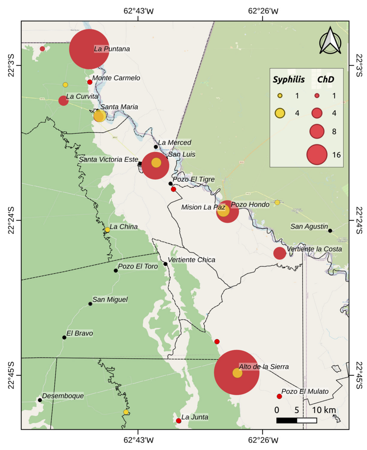 Distribution of Chagas disease (red) and syphilis (yellow) cases by settlement in the border area between Argentina and Paraguay, Gran Chaco region.